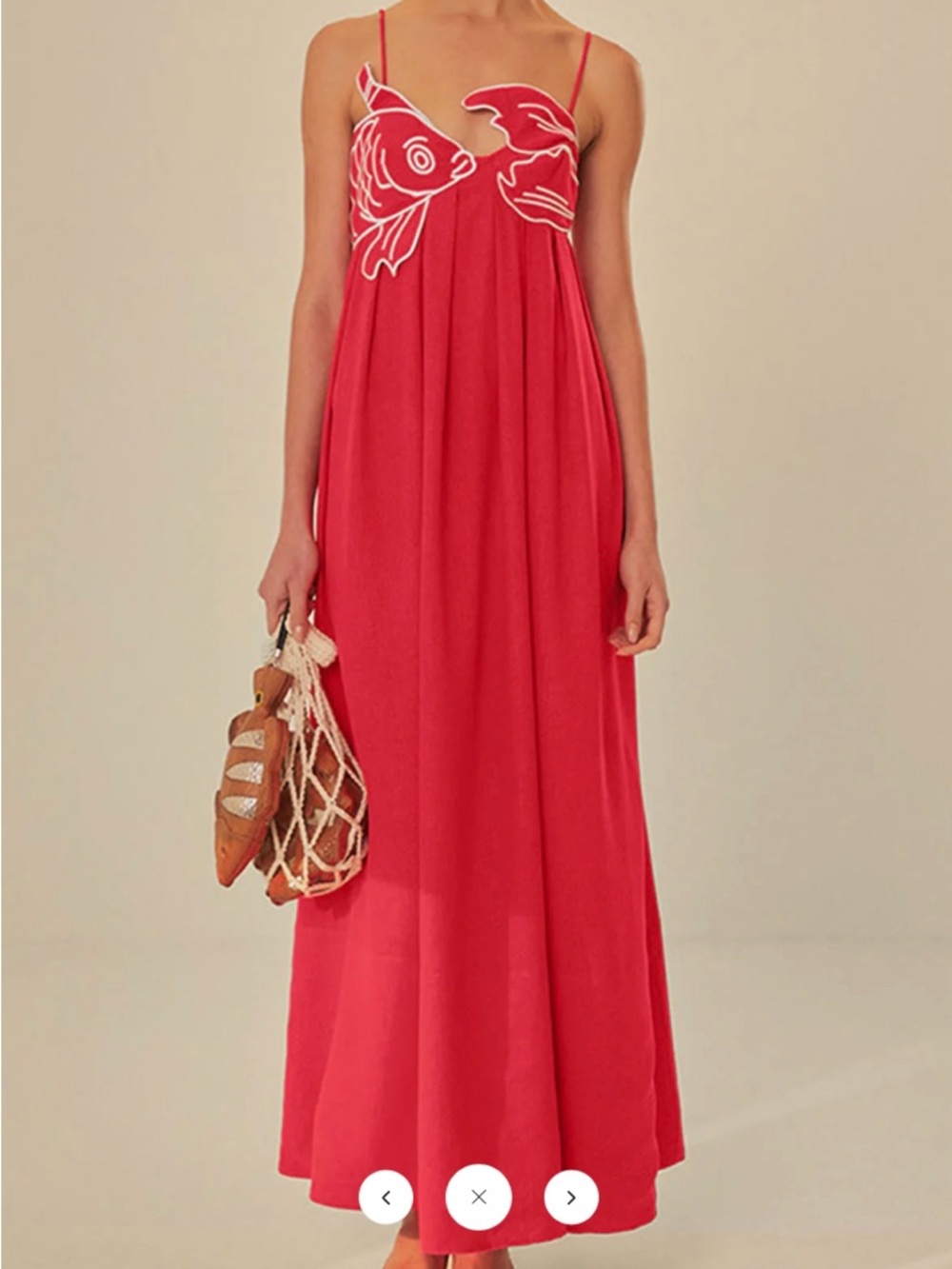 Commense Embroidered Fish Spaghetti-Strap Red Dress - Medium